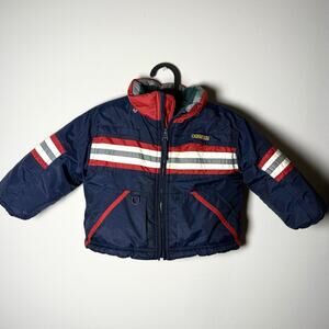 Vintage OshKosh Toddler Winter Jacket 18M Navy Red Stripe Fleece Lined 90s/00s